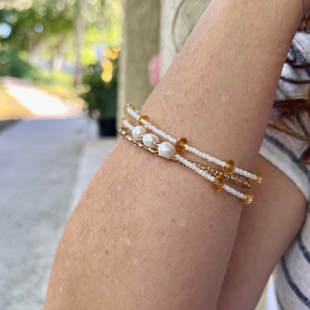 Triple Strand Pearl & Golden Glass Beaded Bracelet